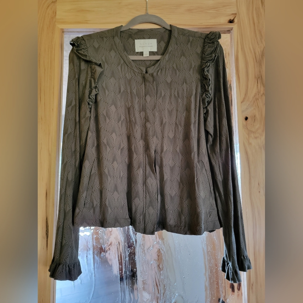 Hinge Olive Textured Blouse with Ruffles Hidden Zipper Closure